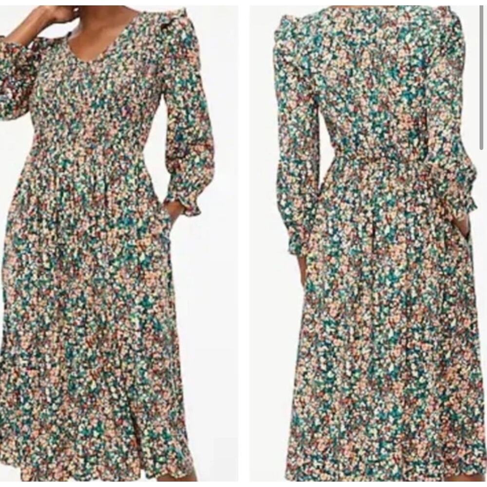 J. Crew long sleeve smocked midi dress Size L in Old forest coral
